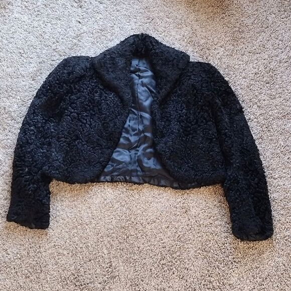 Women's Faux Black Lamb Fur, Broad Shoulder Cropped Winter Coat -Size Small? - Picture 4 of 14